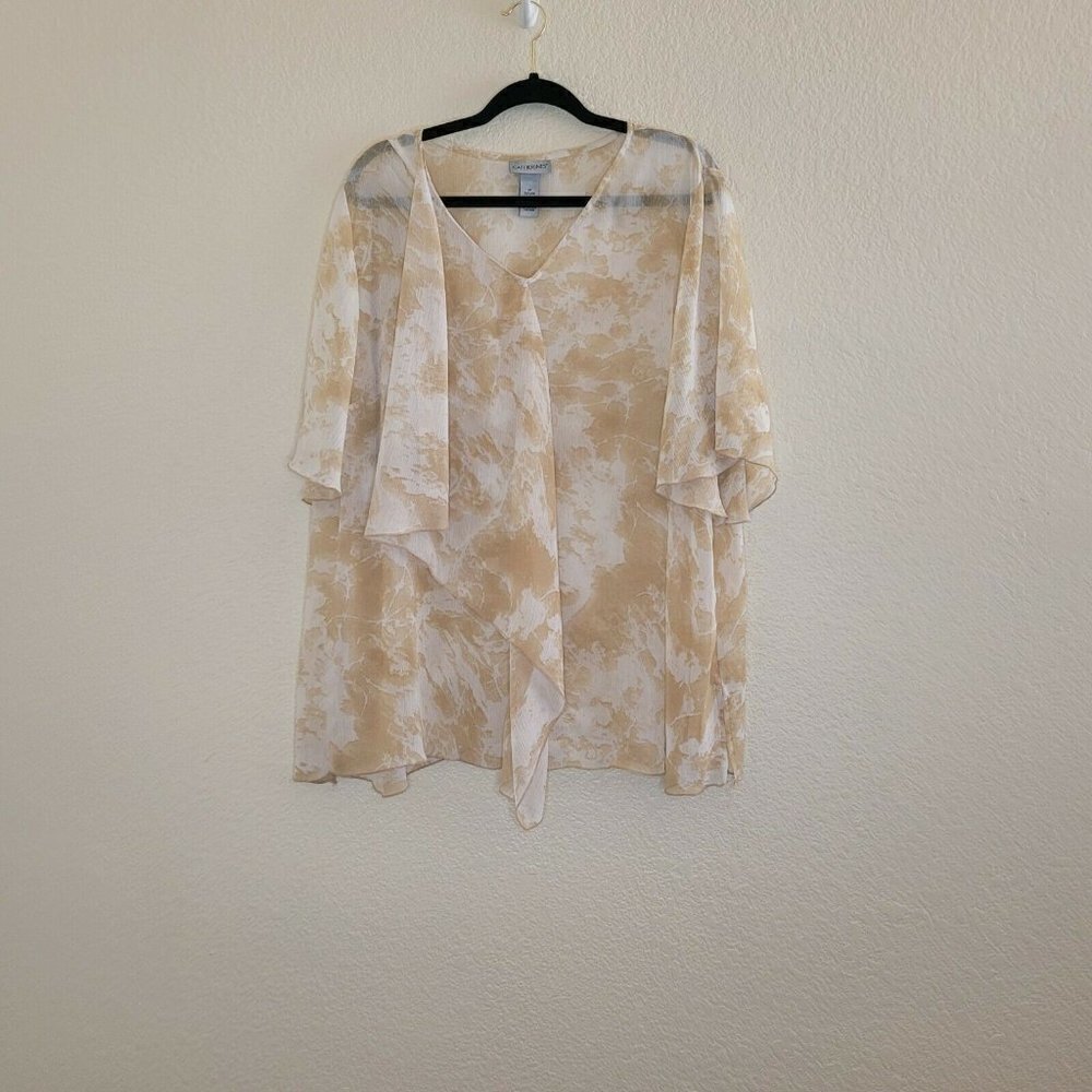 Catherines Tan & White Printed V-Neck Flutter Sleeve Draped Blouse Size 2X - Picture 2 of 11